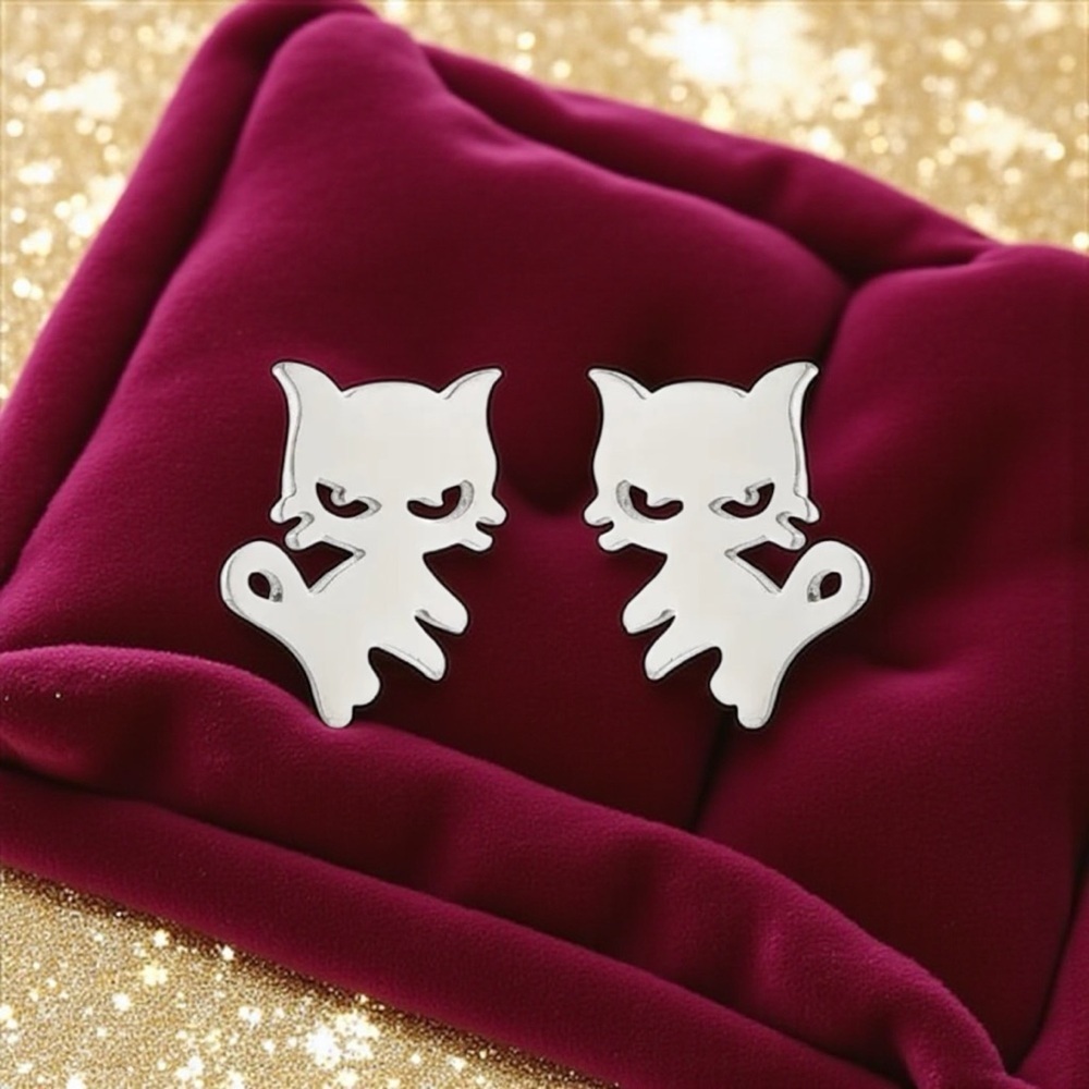Adorable Silver Angry Cat Earrings - NWOT